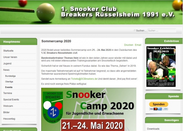 Sommercamp Rüsselsheim 2020: „Snooker pur“ blitzschnell ausverkauft, aber es gibt Alternativen
